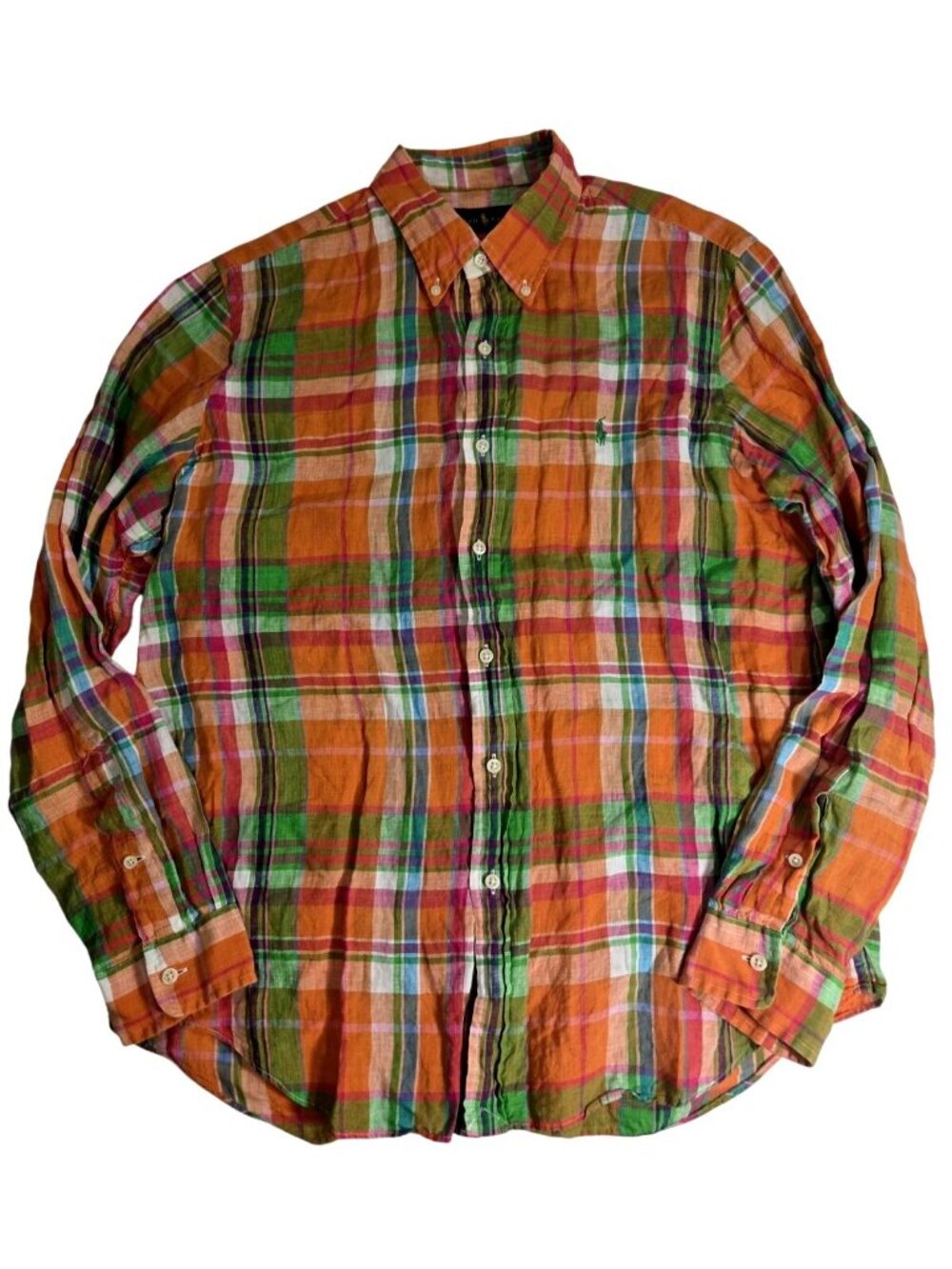 Ralph Lauren Mens orange plaid colorful linen long sleeve button down shirt sz L
